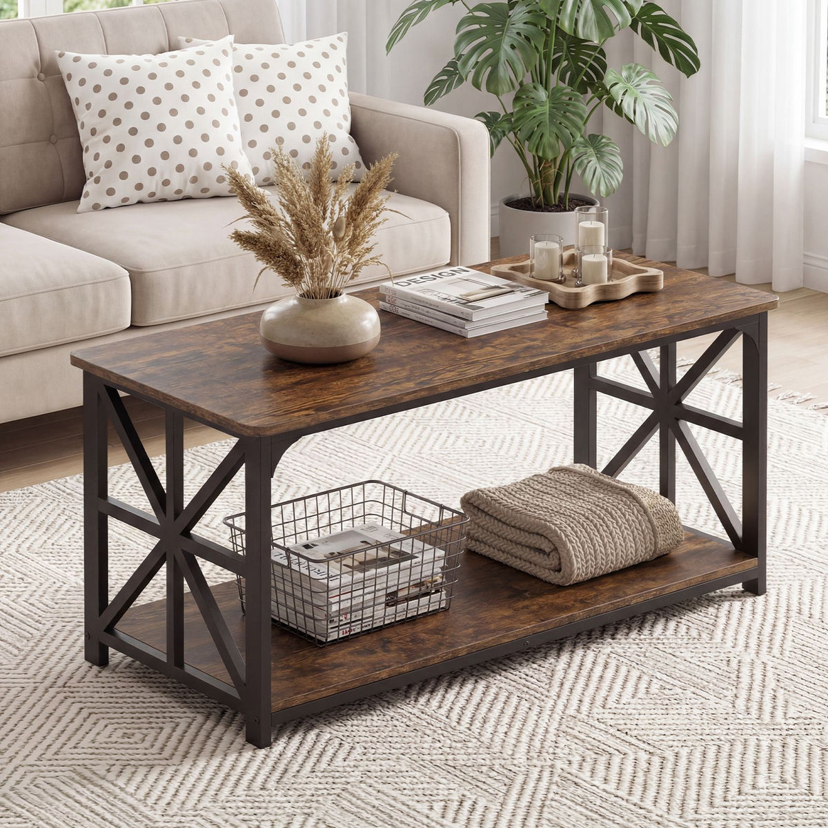 2-Tier Center Table with Storage Shelf and X Side Frames for Small Space and Home Office Apartment