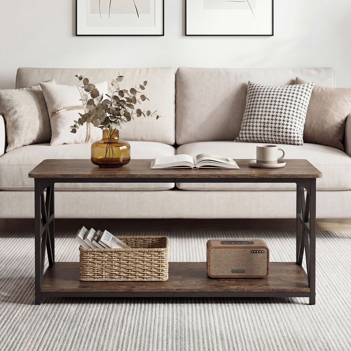 2-Tier Center Table with Storage Shelf and X Side Frames for Small Space and Home Office Apartment