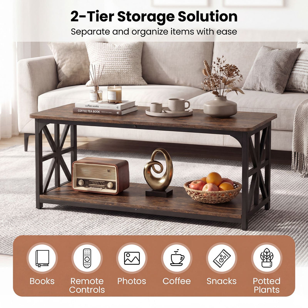 2-Tier Center Table with Storage Shelf and X Side Frames for Small Space and Home Office Apartment