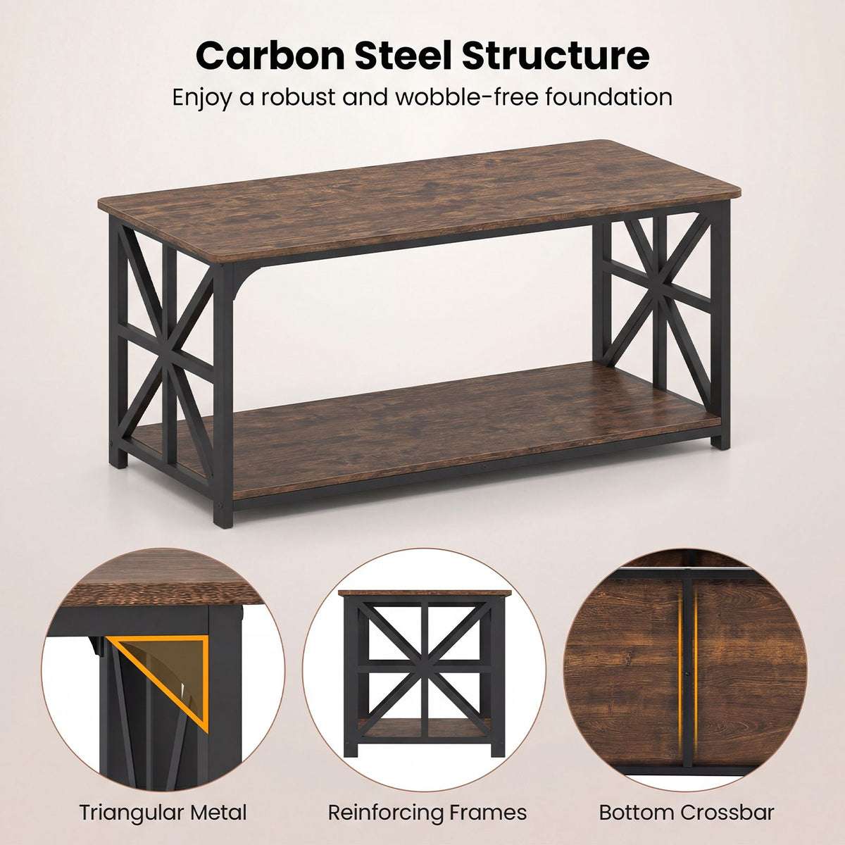 2-Tier Center Table with Storage Shelf and X Side Frames for Small Space and Home Office Apartment