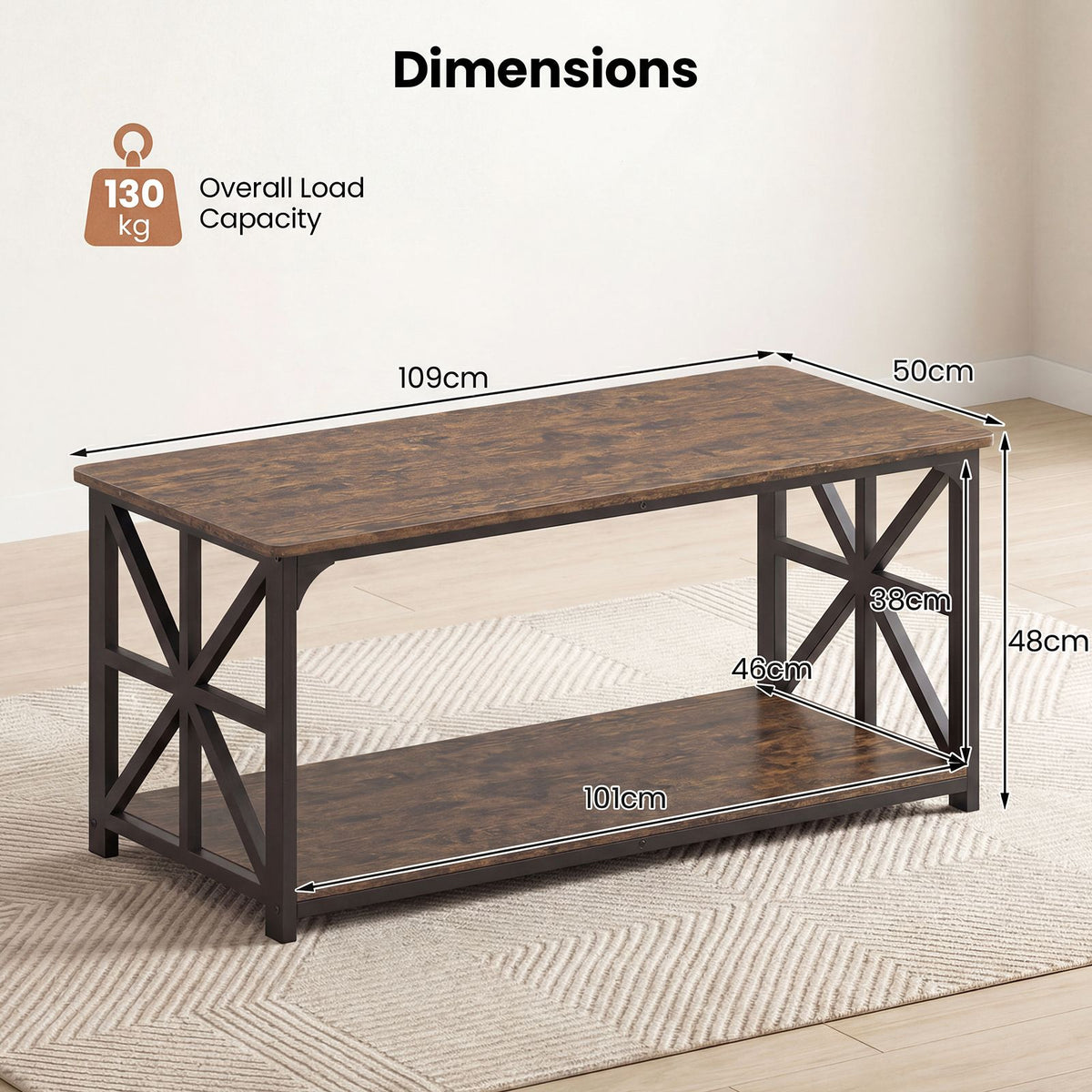 2-Tier Center Table with Storage Shelf and X Side Frames for Small Space and Home Office Apartment