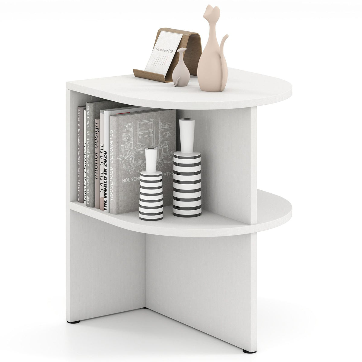 2-Tier Half Moon Side Table with Open Shelves for Small Space and Living Room