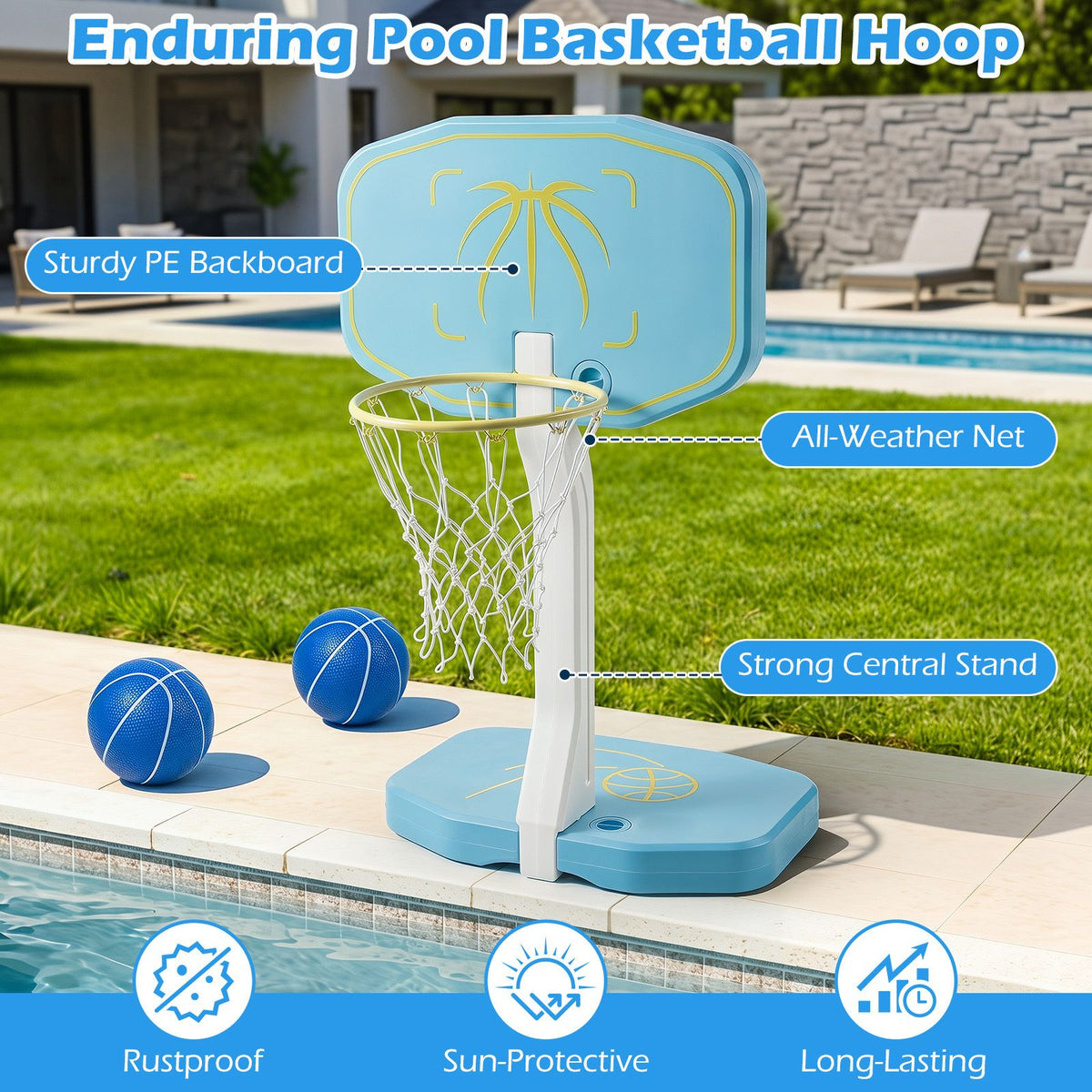 2-in-1 Pool Basketball Hoop and amp with Weighted Base and 2 Basketballs