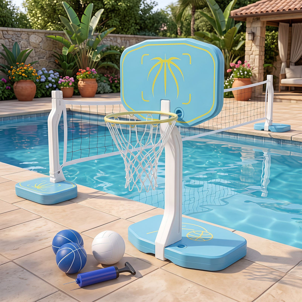 2-in-1 Pool Basketball Hoop and amp with Weighted Base and 2 Basketballs