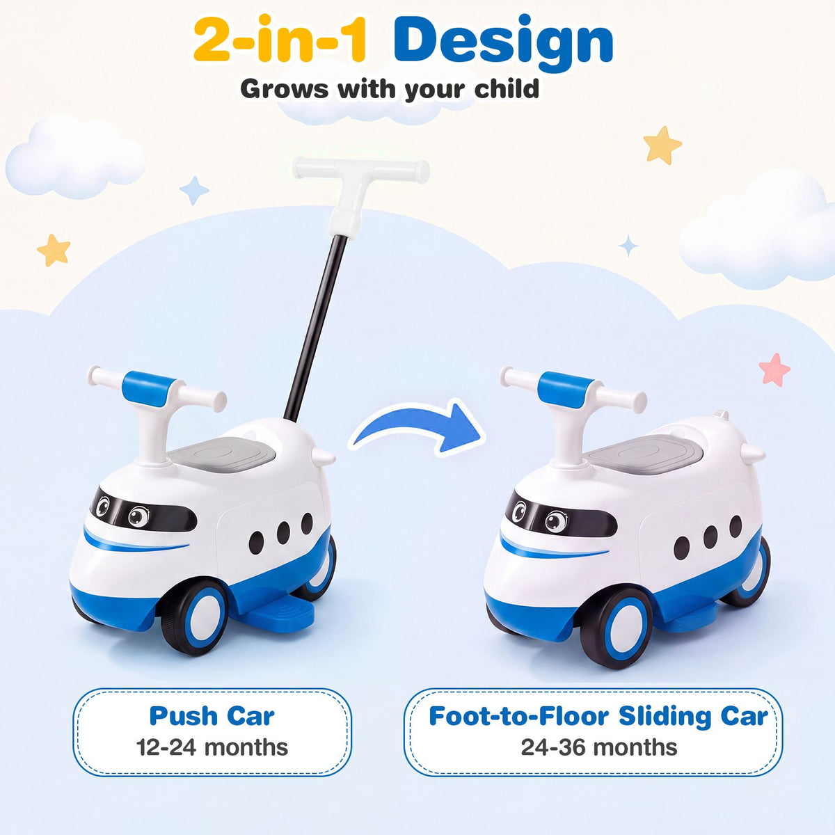 2-in-1 Ride On Push Car for Toddlers 1-3 Years Old with Horn and Storage