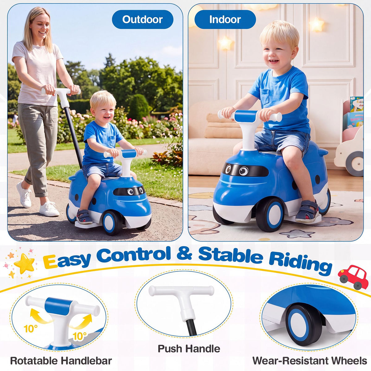 2-in-1 Ride On Push Car for Toddlers 1-3 Years Old with Horn and Storage