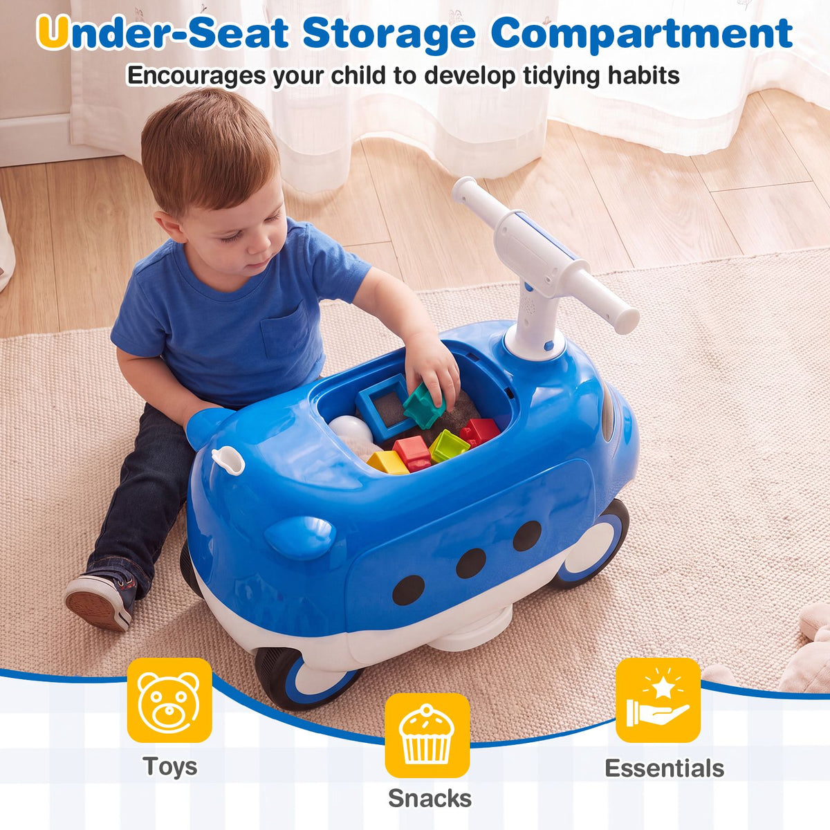 2-in-1 Ride On Push Car for Toddlers 1-3 Years Old with Horn and Storage