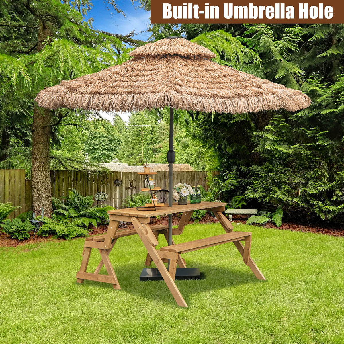 2-in-1 Transforming Interchangeable Wooden Picnic Table with Built-in Umbrella Hole