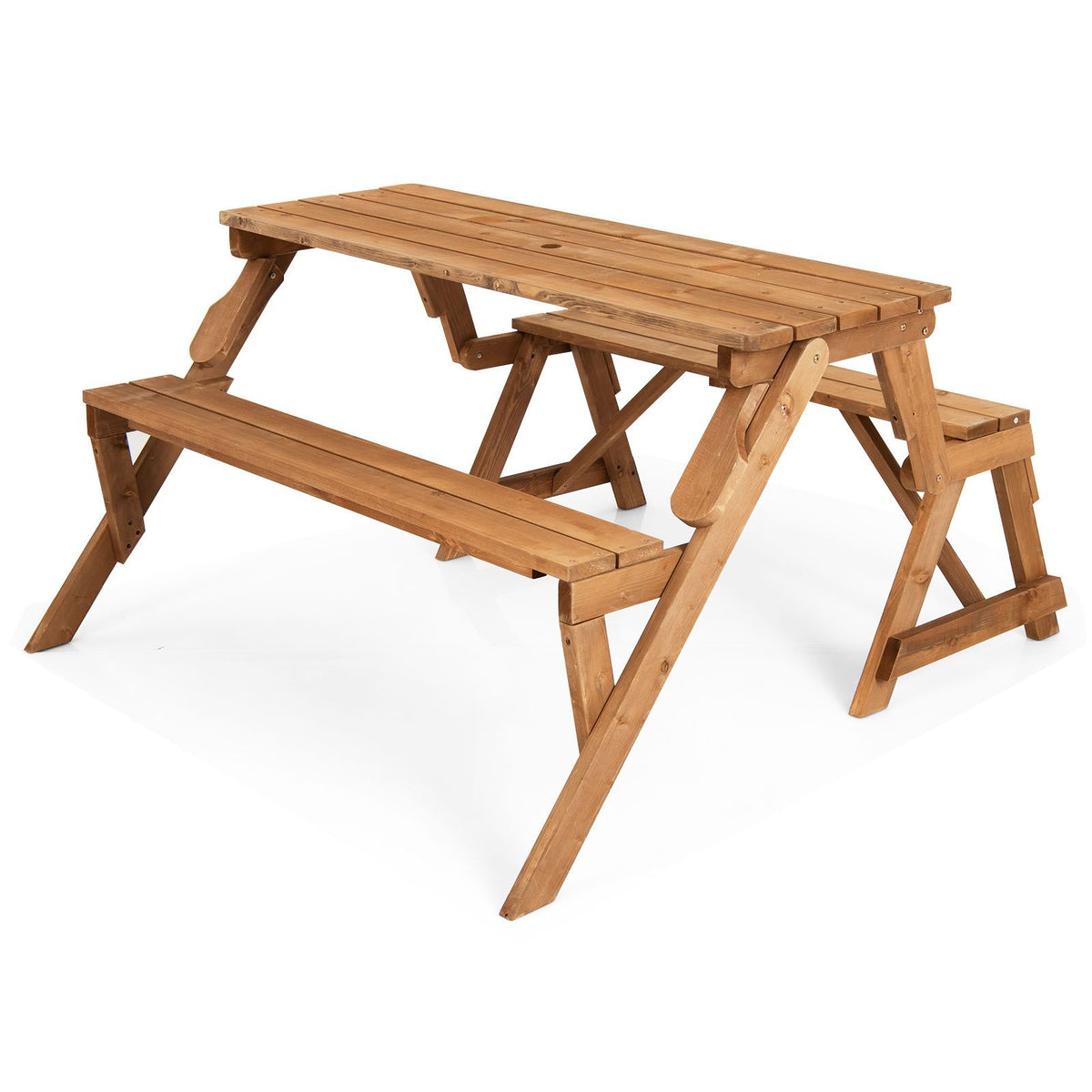 2-in-1 Transforming Interchangeable Wooden Picnic Table with Built-in Umbrella Hole