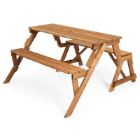 2-in-1 Transforming Interchangeable Wooden Picnic Table with Built-in Umbrella Hole