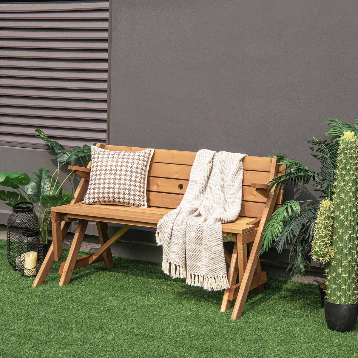 2-in-1 Transforming Interchangeable Wooden Picnic Table with Built-in Umbrella Hole