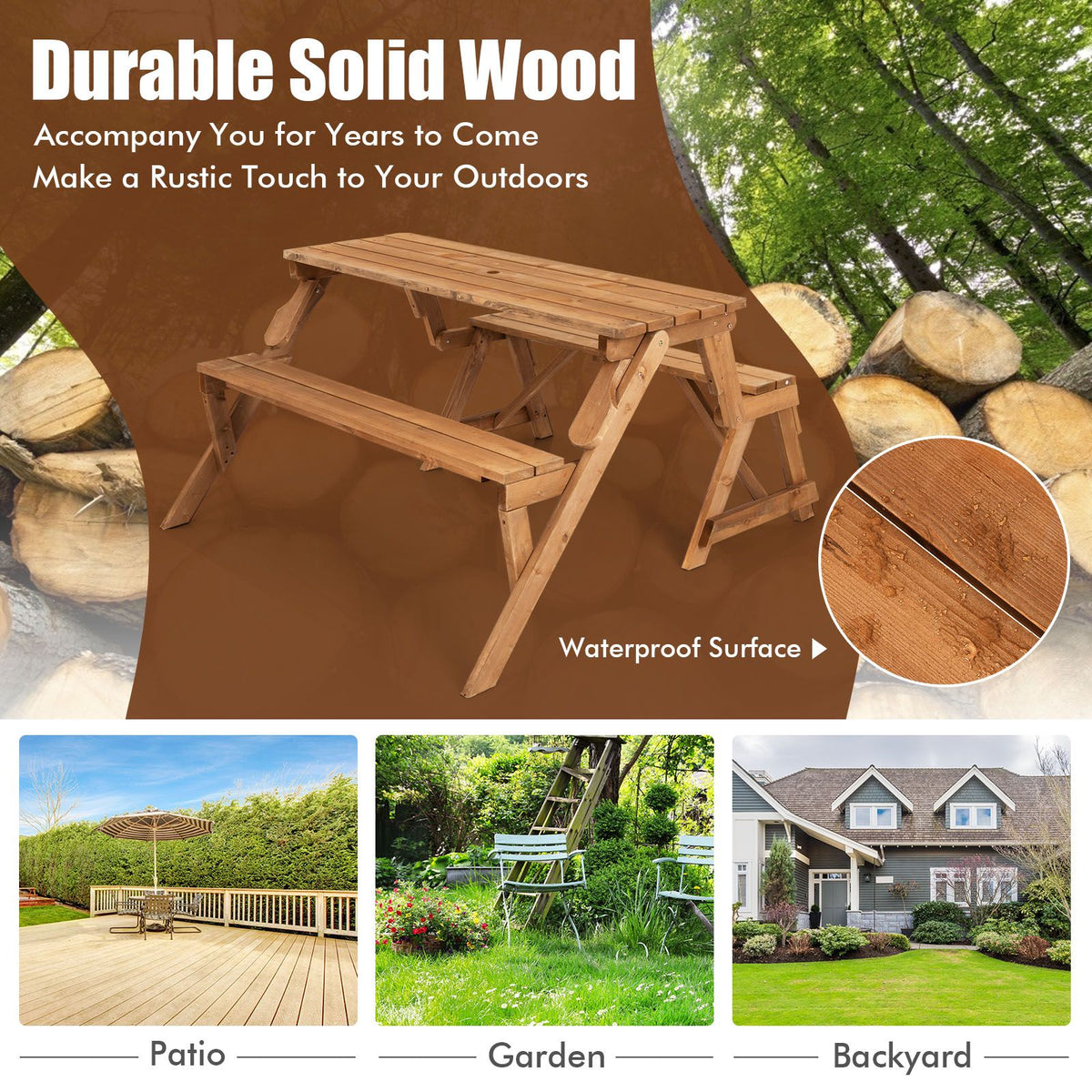 2-in-1 Transforming Interchangeable Wooden Picnic Table with Built-in Umbrella Hole