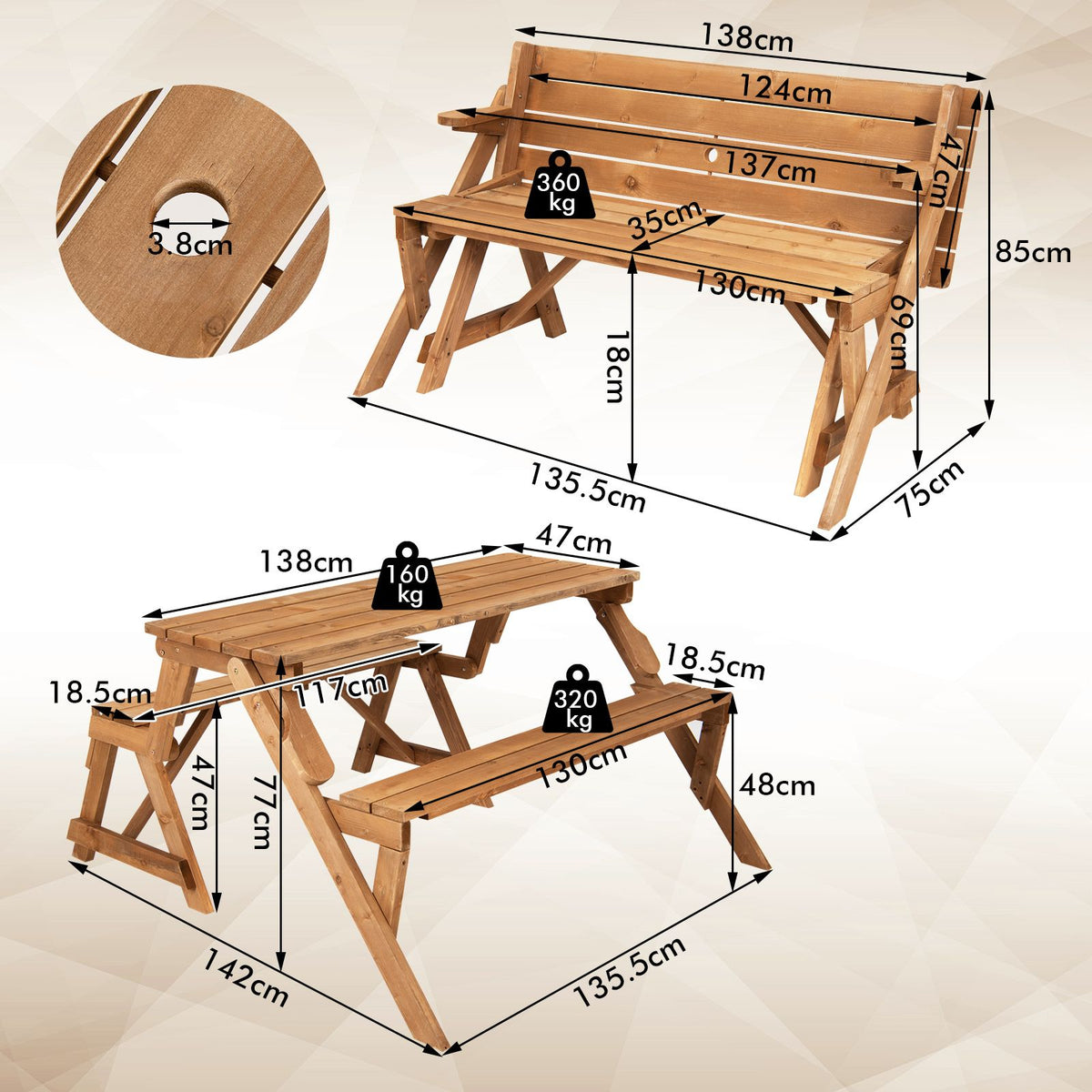 2-in-1 Transforming Interchangeable Wooden Picnic Table with Built-in Umbrella Hole