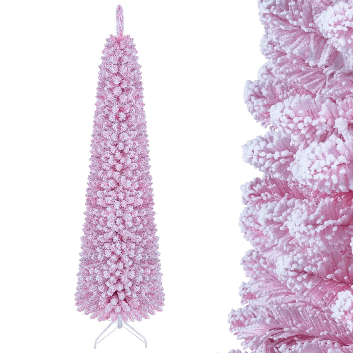 150/180/210cm Flocked Pre-Lit Pencil Christmas Tree with 8 Modes