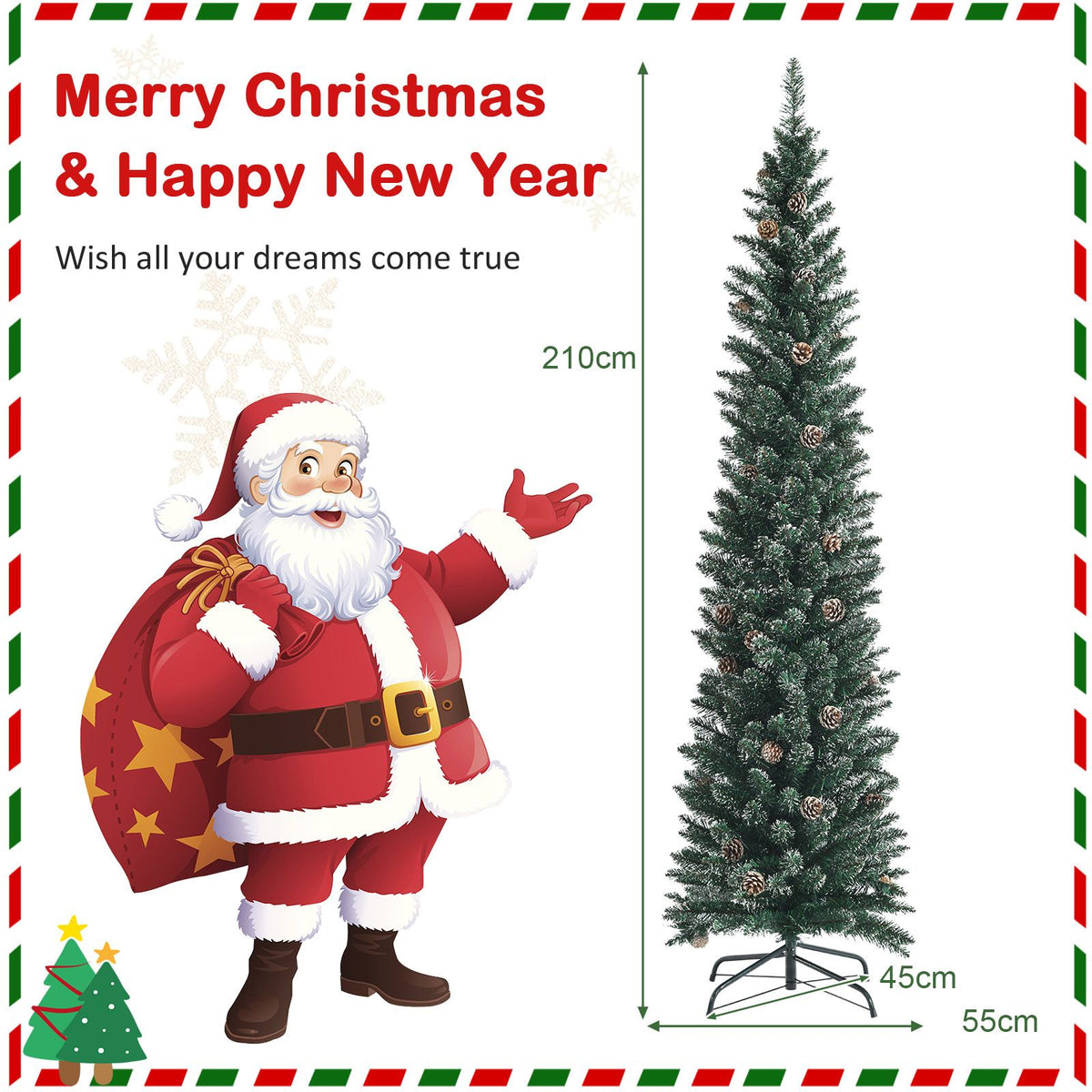 1.5 m/1.8 m/2.1m Artificial Slim Christmas Tree W/ Pine Cones & Snowy Branch Tips