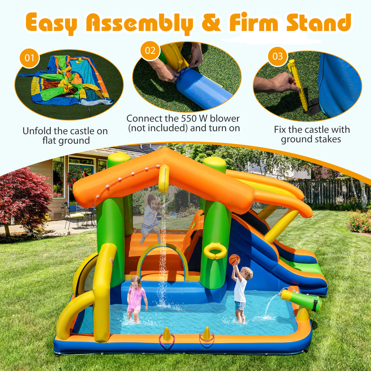 Inflatable Bounce House, 8-In-1 Multifunctional Water Park with Slide, Climbing Wall, Splash Pool, Water Cannon & Basketball Hoop
