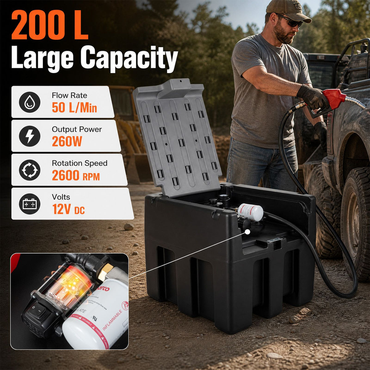 200 L Capacity Portable Diesel Tank 50 L/Min with 12V Electric Transfer Pump