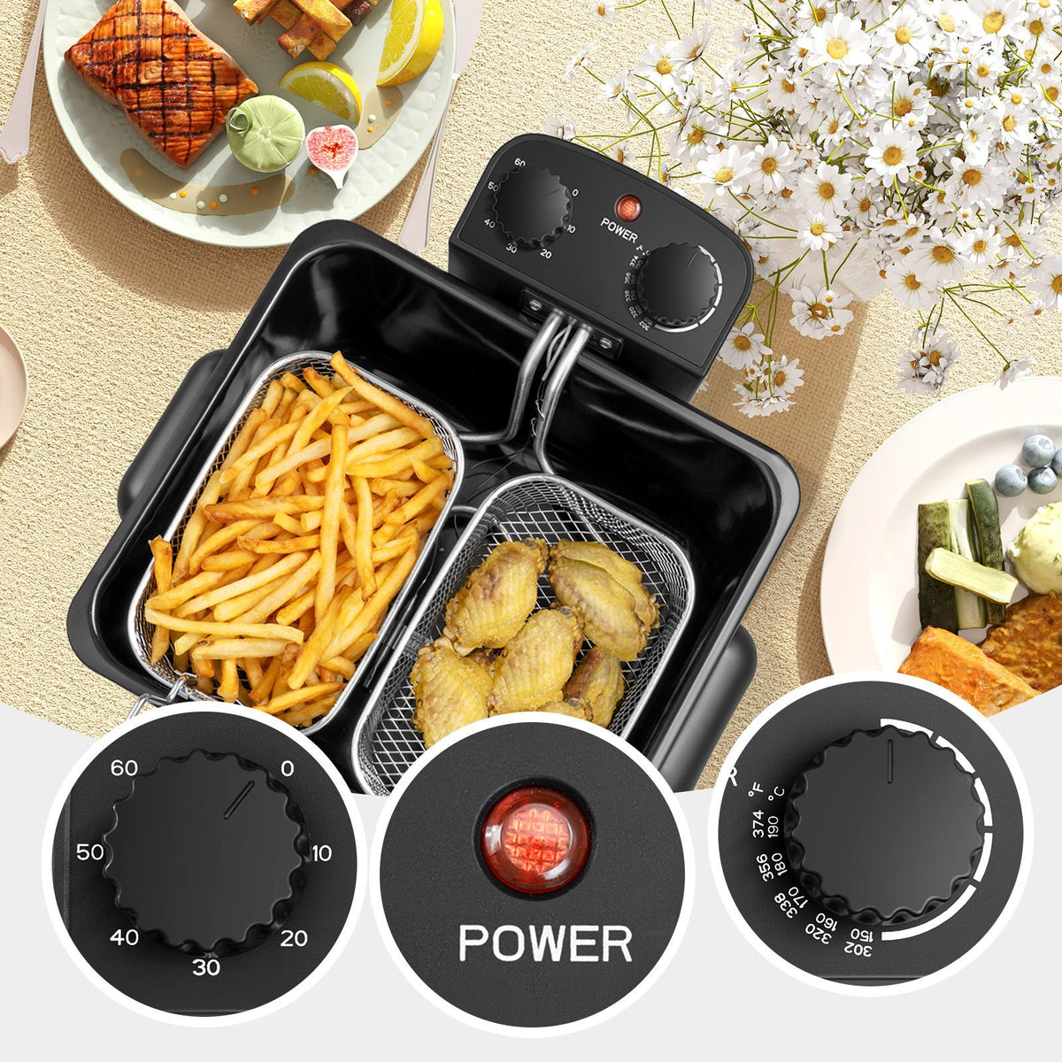 2000W Stainless Steel Electric Deep Fryer 5L with Triple Baskets for Family