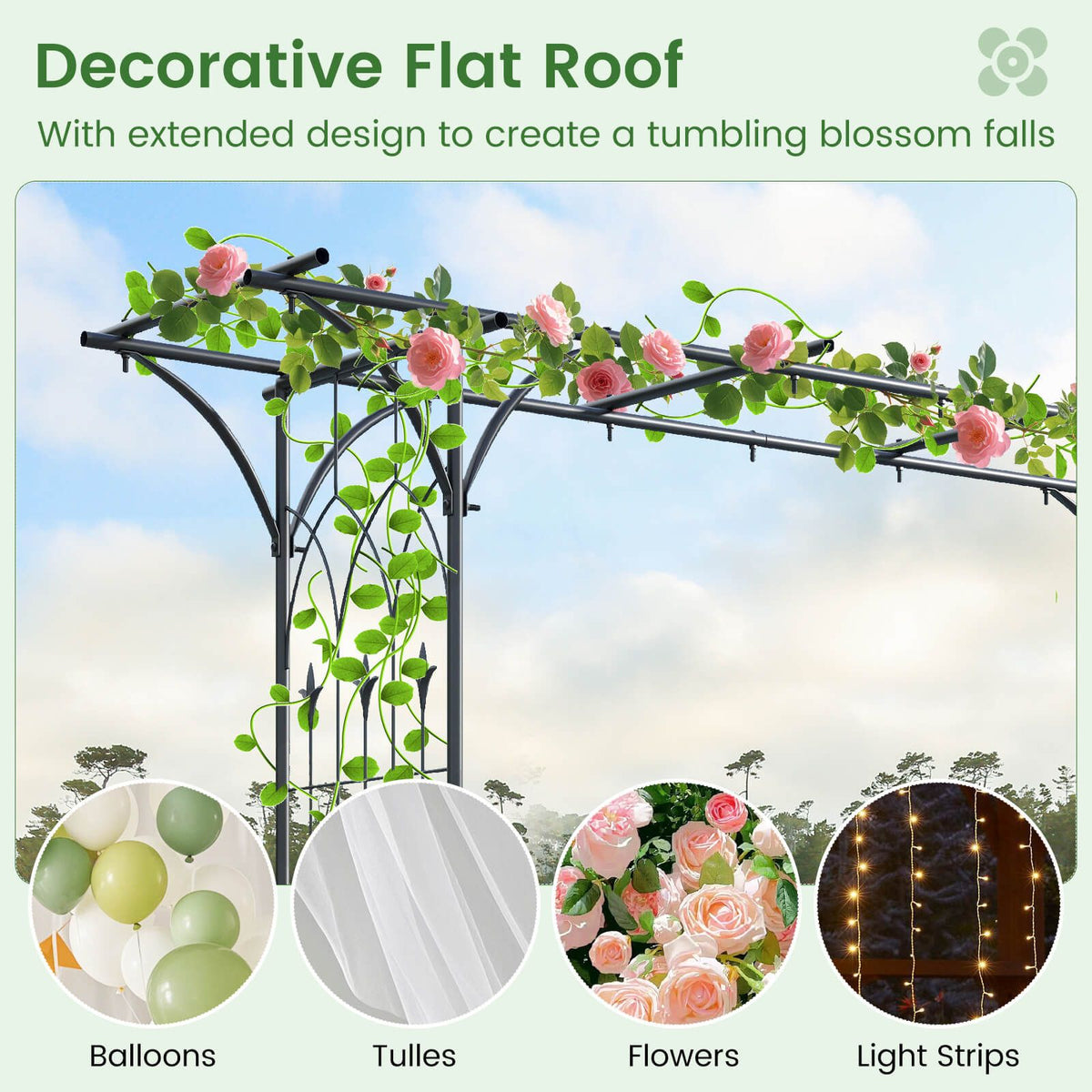207 cm Flat Top Garden Arch with Trellises for Climbing Plants Outdoor Decor