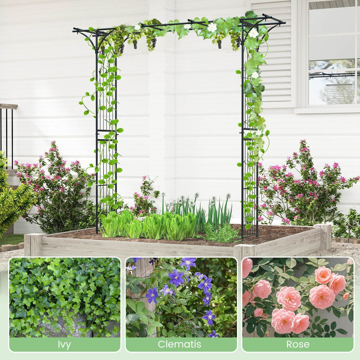 207 cm Flat Top Garden Arch with Trellises for Climbing Plants Outdoor Decor