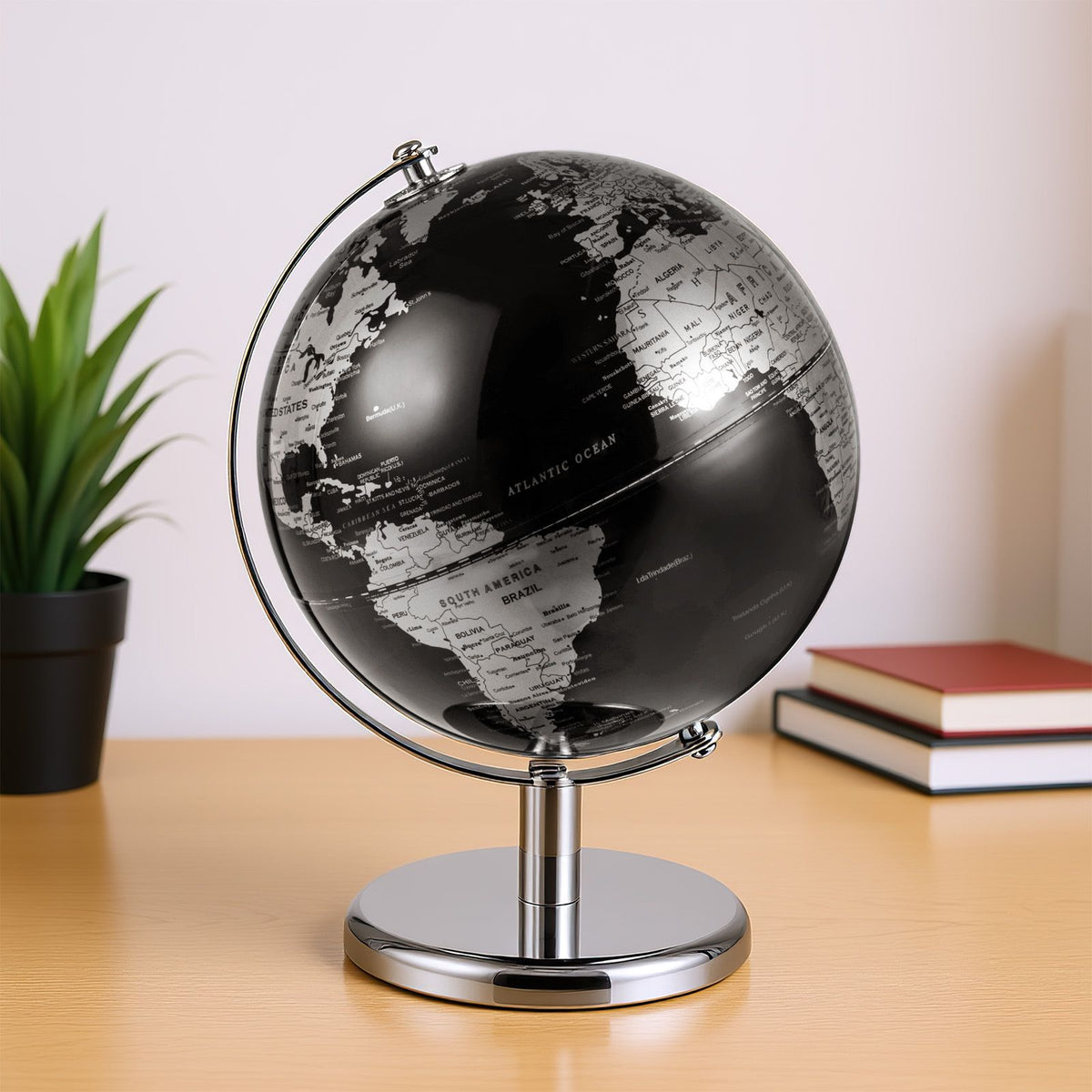 20 cm Metallic Black World Globe with Metal Stand for Home School