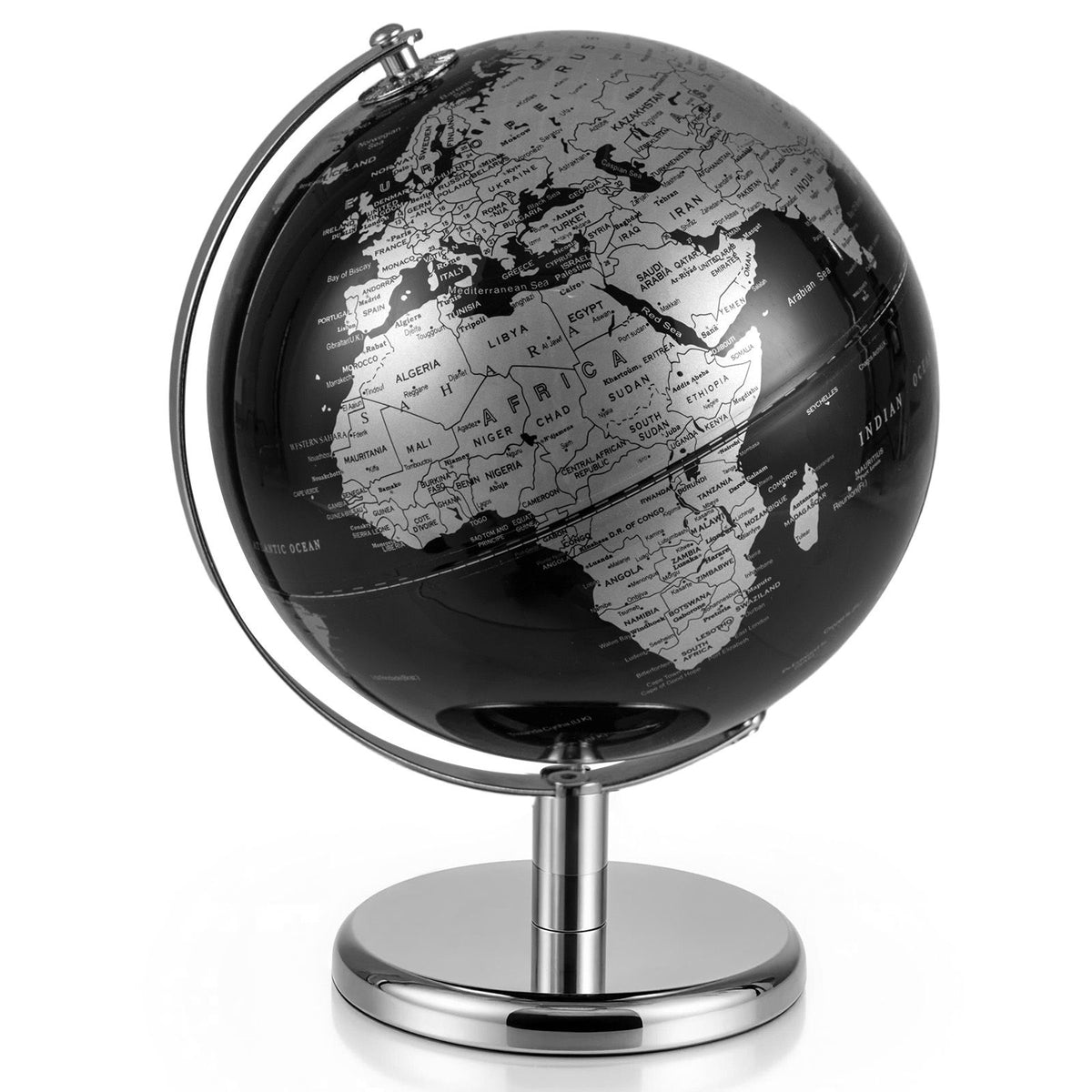 20 cm Metallic Black World Globe with Metal Stand for Home School
