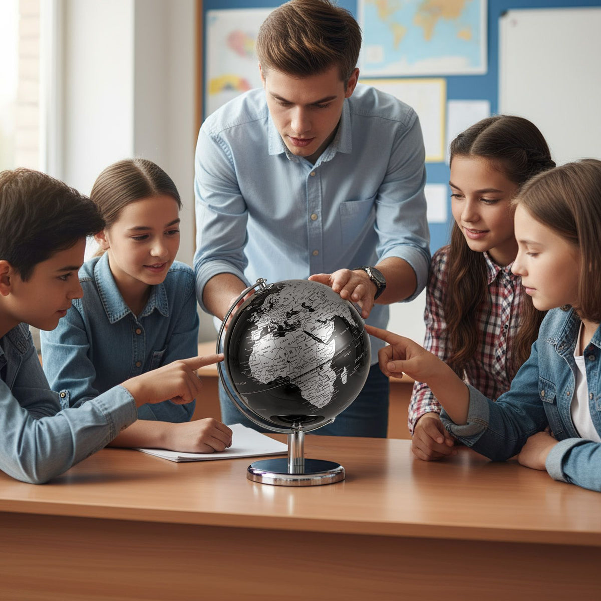 20 cm Metallic Black World Globe with Metal Stand for Home School