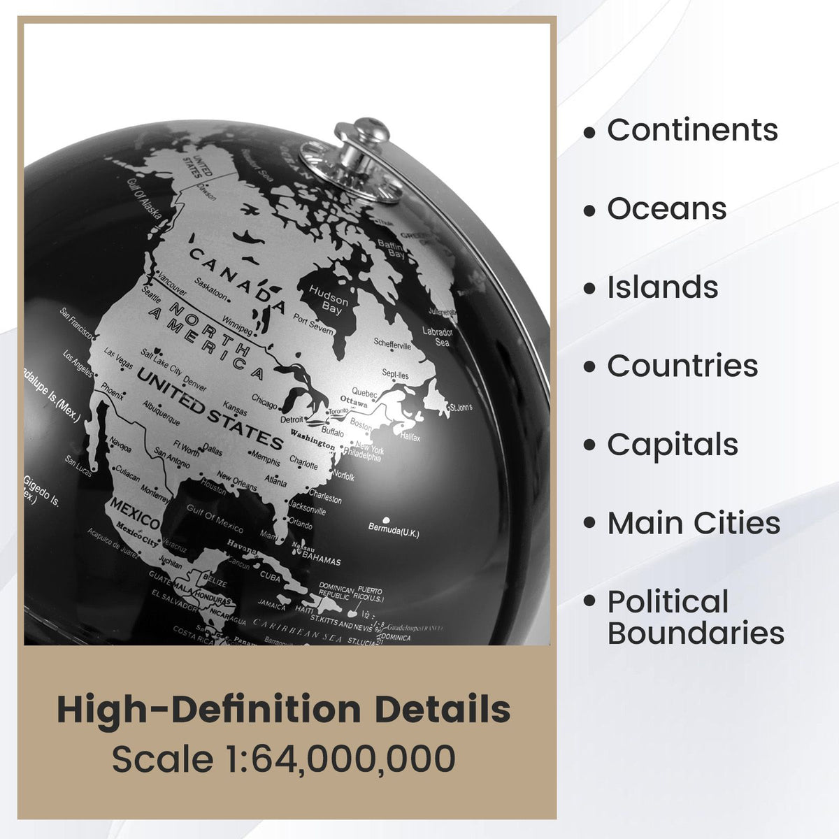 20 cm Metallic Black World Globe with Metal Stand for Home School