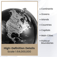 20 cm Metallic Black World Globe with Metal Stand for Home School