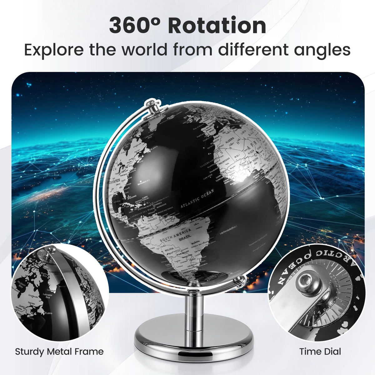20 cm Metallic Black World Globe with Metal Stand for Home School
