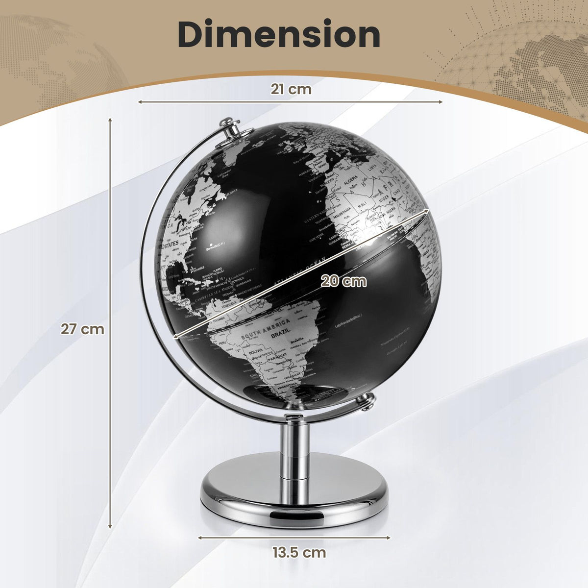 20 cm Metallic Black World Globe with Metal Stand for Home School