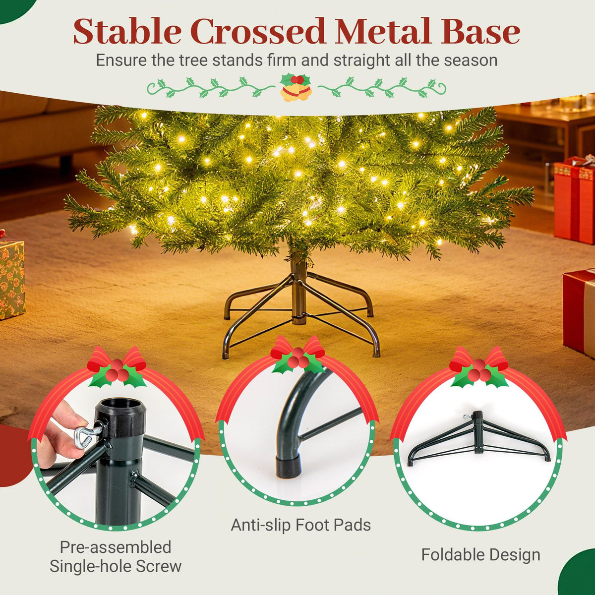 180/210 CM Pre-Lit Artificial Christmas Tree with 635/989 Lush PVC Branch Tips and Foldable Metal Stand