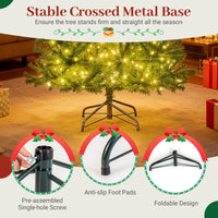 180/210 CM Pre-Lit Artificial Christmas Tree with 635/989 Lush PVC Branch Tips and Foldable Metal Stand