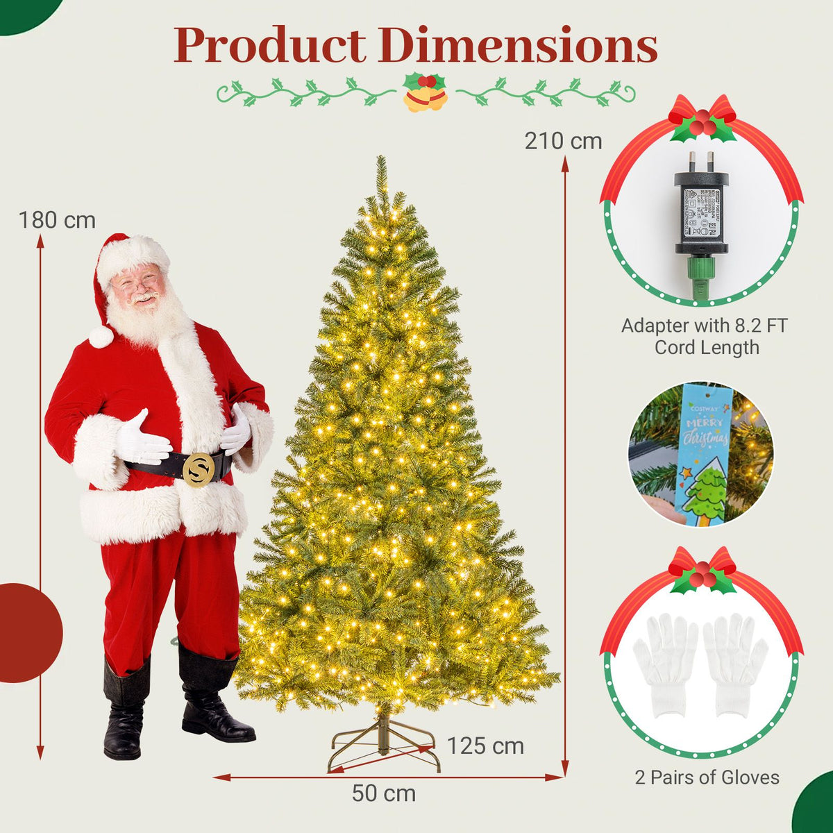 180/210 CM Pre-Lit Artificial Christmas Tree with 635/989 Lush PVC Branch Tips and Foldable Metal Stand