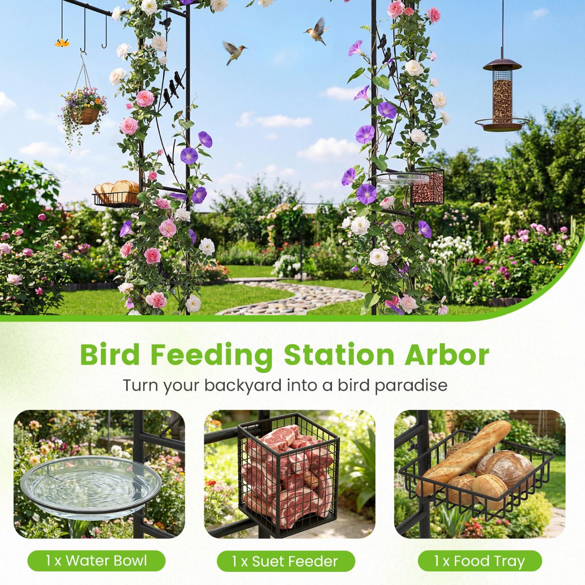 213 cm Garden Arch Feeding Station Heavy-duty Arch Trellis