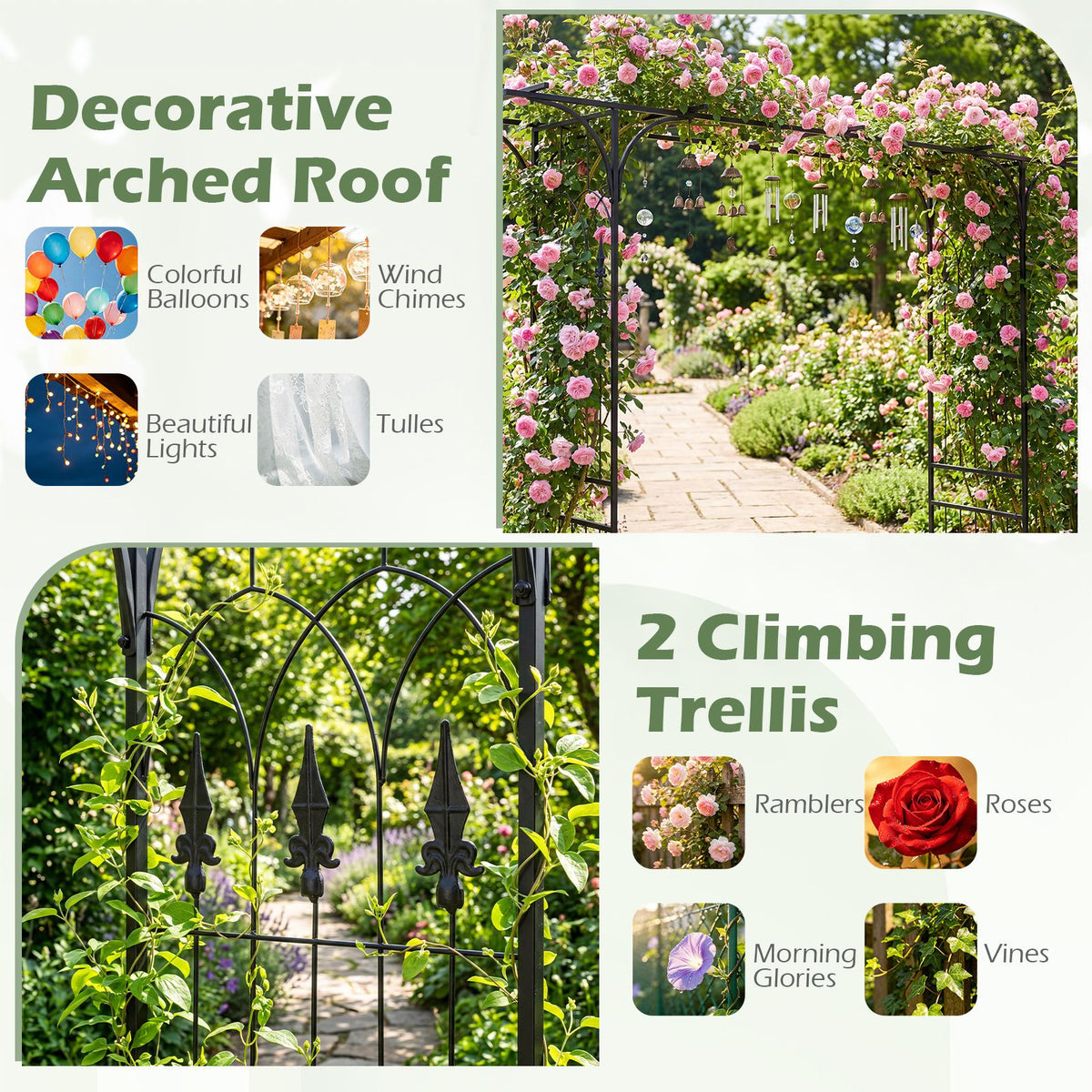 215cm Arch Trellis Garden Arbor w/ Extended Roof for Climbing Plants Roses Vines Wedding