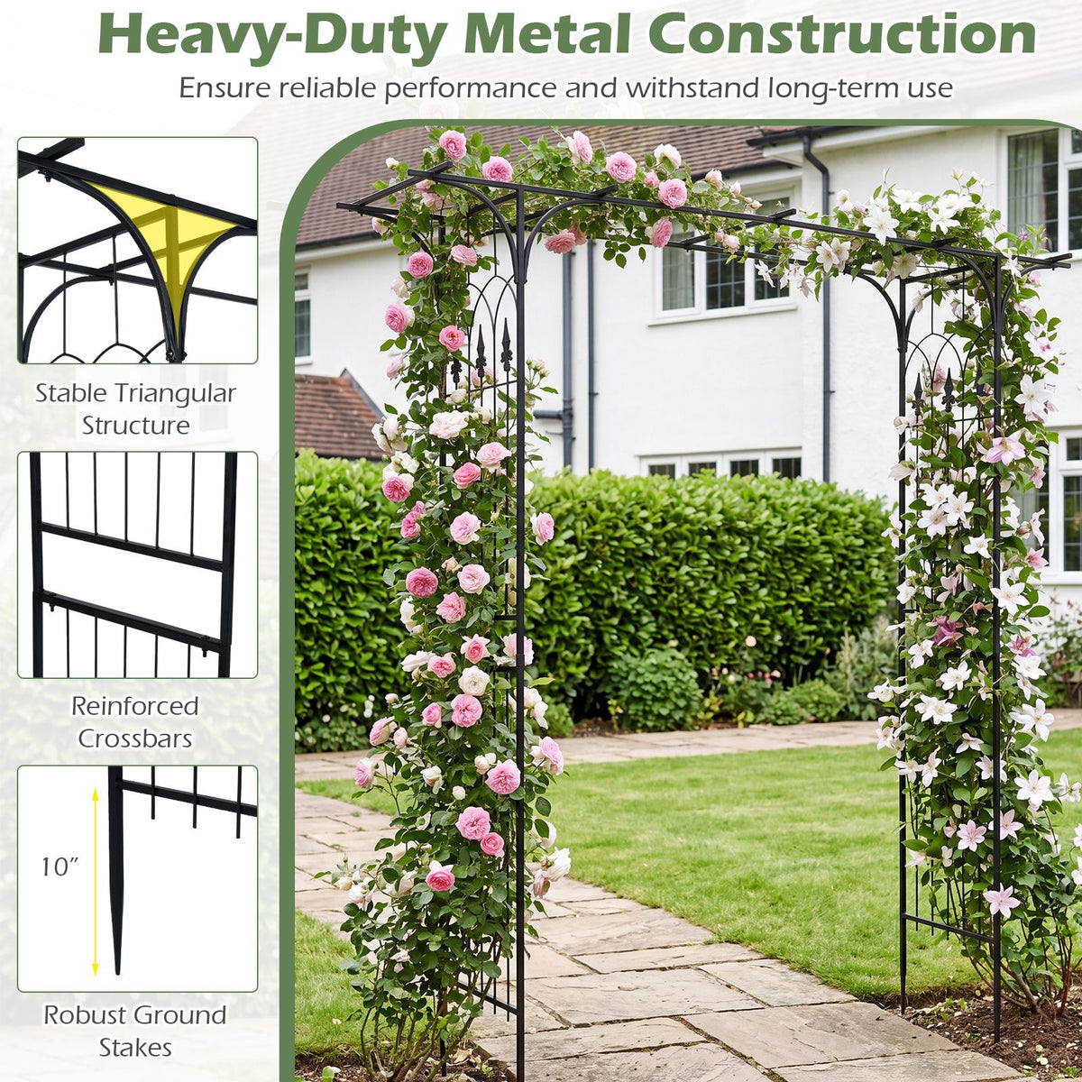 215cm Arch Trellis Garden Arbor w/ Extended Roof for Climbing Plants Roses Vines Wedding