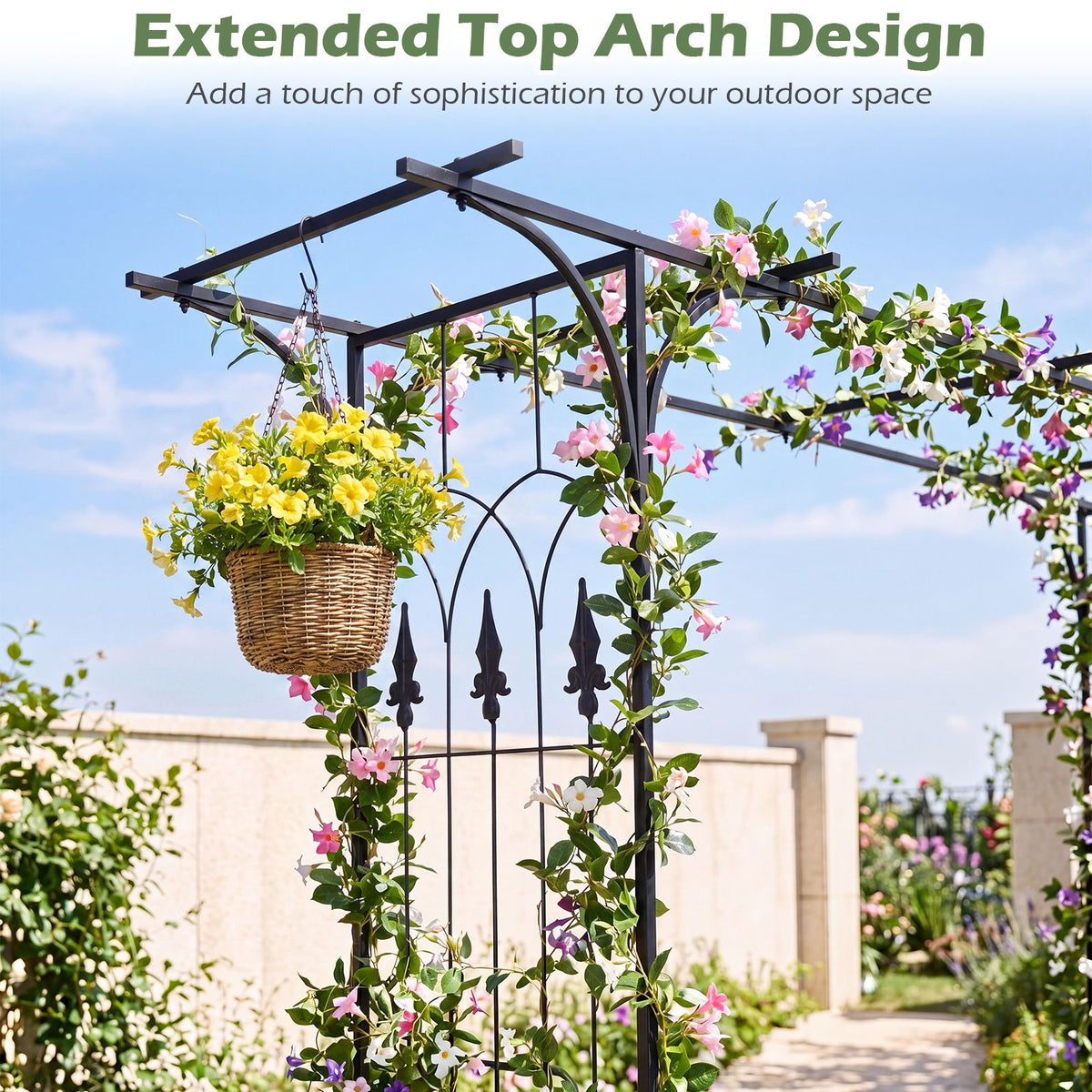 215cm Arch Trellis Garden Arbor w/ Extended Roof for Climbing Plants Roses Vines Wedding