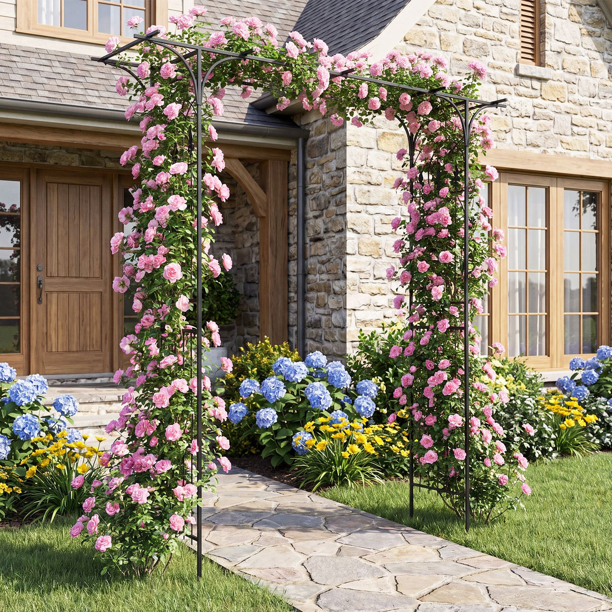 215cm Arch Trellis Garden Arbor w/ Extended Roof for Climbing Plants Roses Vines Wedding