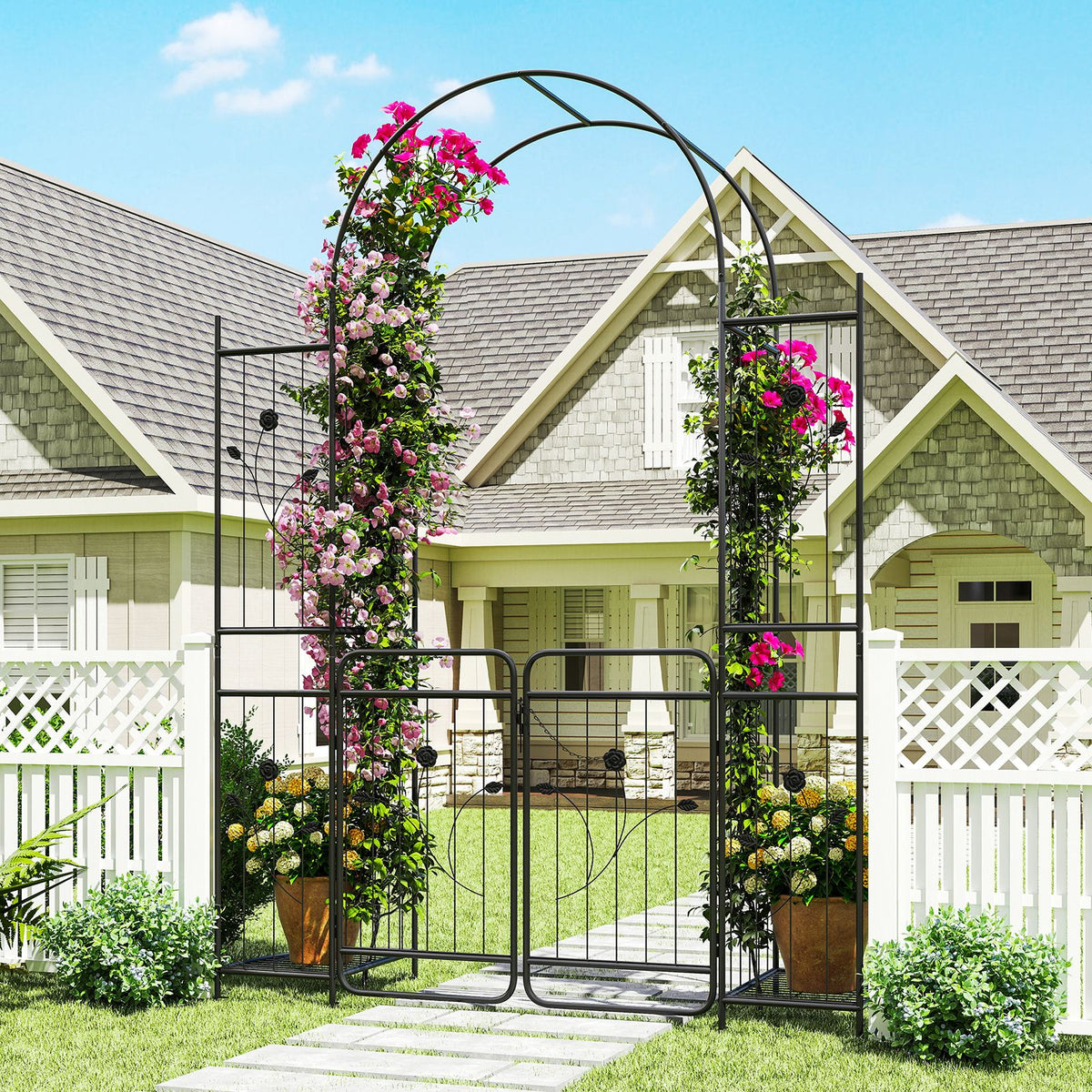 220 cm Tall Garden Arch with Gate Planter Shelves Climbing Trellises Metal Arbor Archway