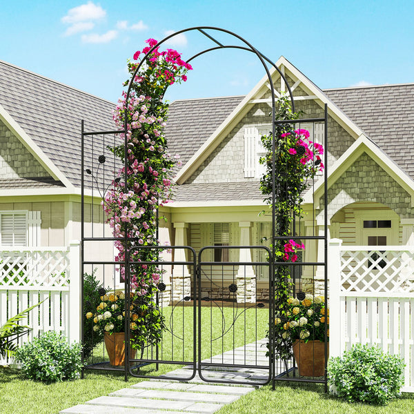 220 cm Tall Garden Arch with Gate Planter Shelves Climbing Trellises Metal Arbor Archway