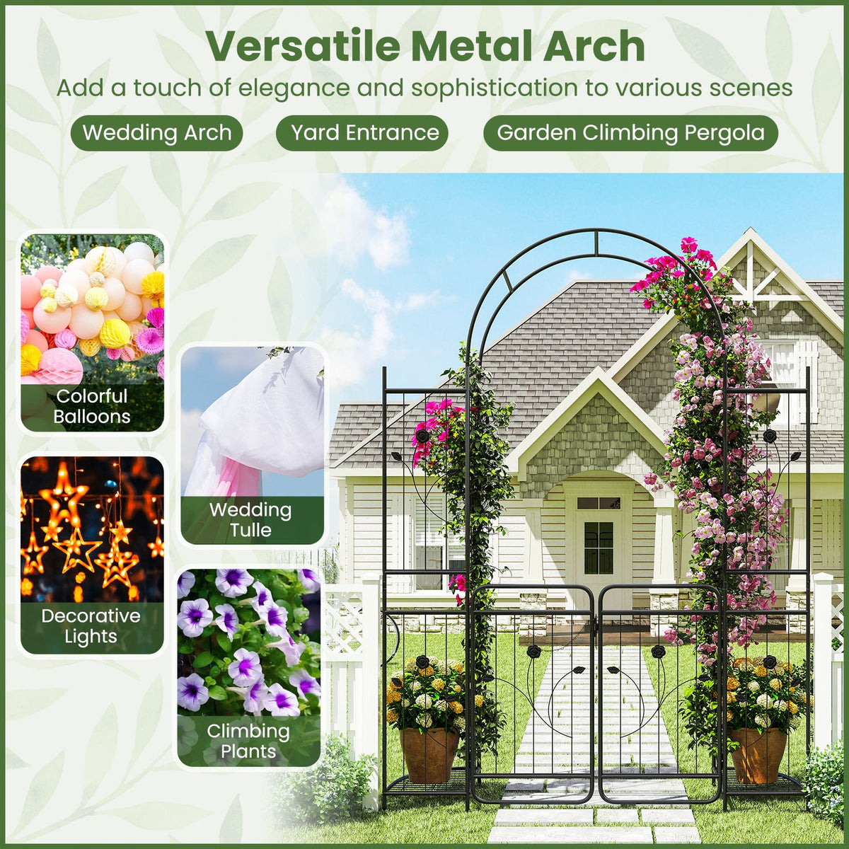 220 cm Tall Garden Arch with Gate Planter Shelves Climbing Trellises Metal Arbor Archway