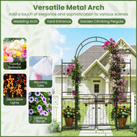 220 cm Tall Garden Arch with Gate Planter Shelves Climbing Trellises Metal Arbor Archway