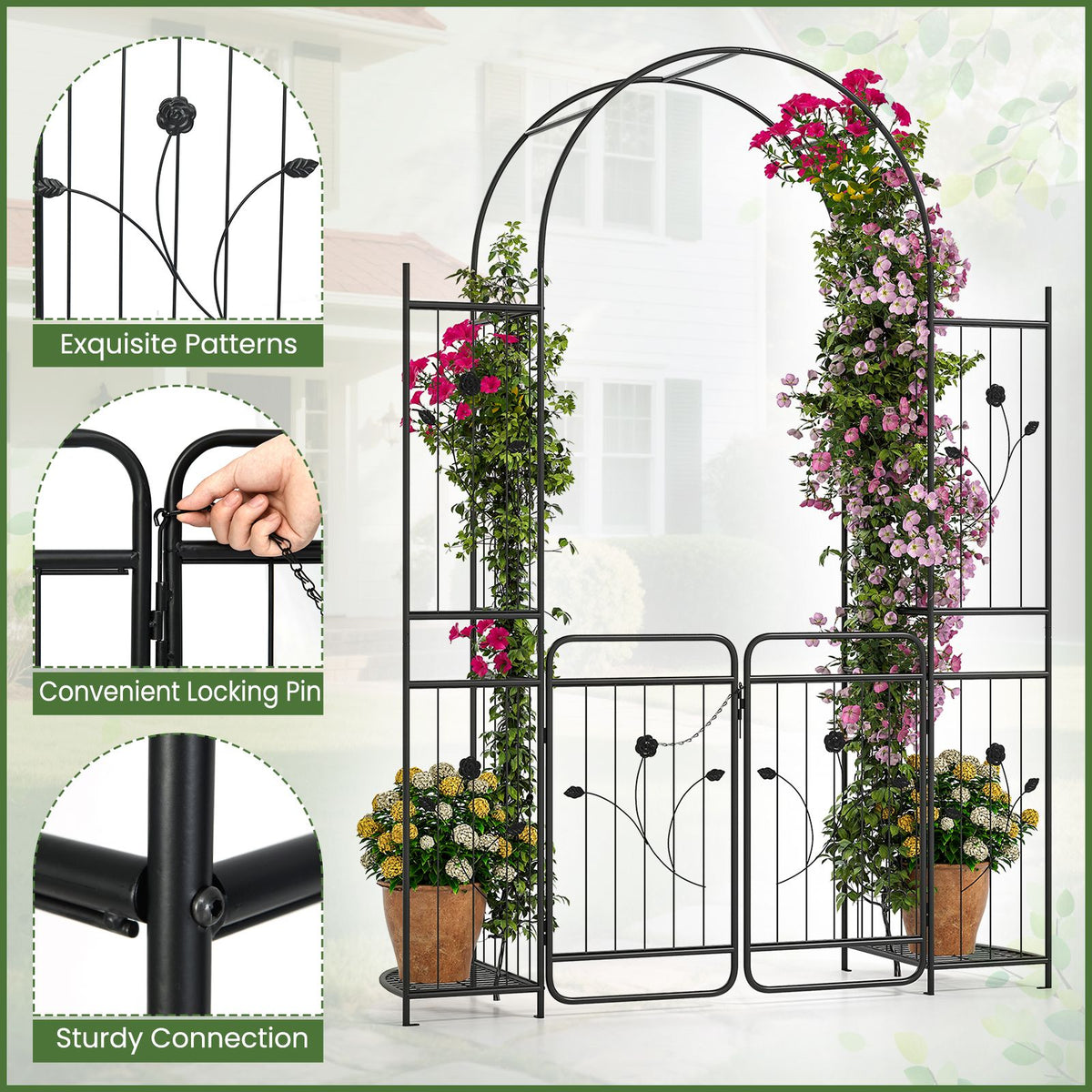 220 cm Tall Garden Arch with Gate Planter Shelves Climbing Trellises Metal Arbor Archway