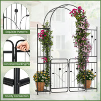 220 cm Tall Garden Arch with Gate Planter Shelves Climbing Trellises Metal Arbor Archway