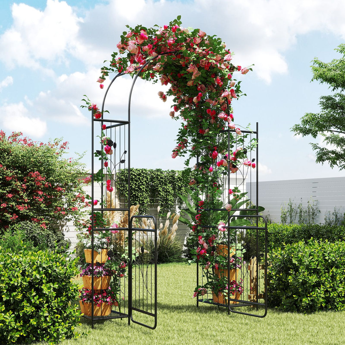 220 cm Tall Garden Arch with Gate Planter Shelves Climbing Trellises Metal Arbor Archway