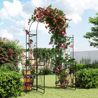 220 cm Tall Garden Arch with Gate Planter Shelves Climbing Trellises Metal Arbor Archway