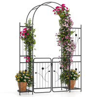 220 cm Tall Garden Arch with Gate Planter Shelves Climbing Trellises Metal Arbor Archway