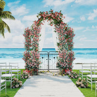 220 cm Tall Garden Arch with Gate Planter Shelves Climbing Trellises Metal Arbor Archway