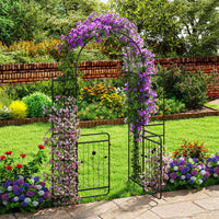 220 cm Tall Garden Arch with Gate Planter Shelves Climbing Trellises Metal Arbor Archway